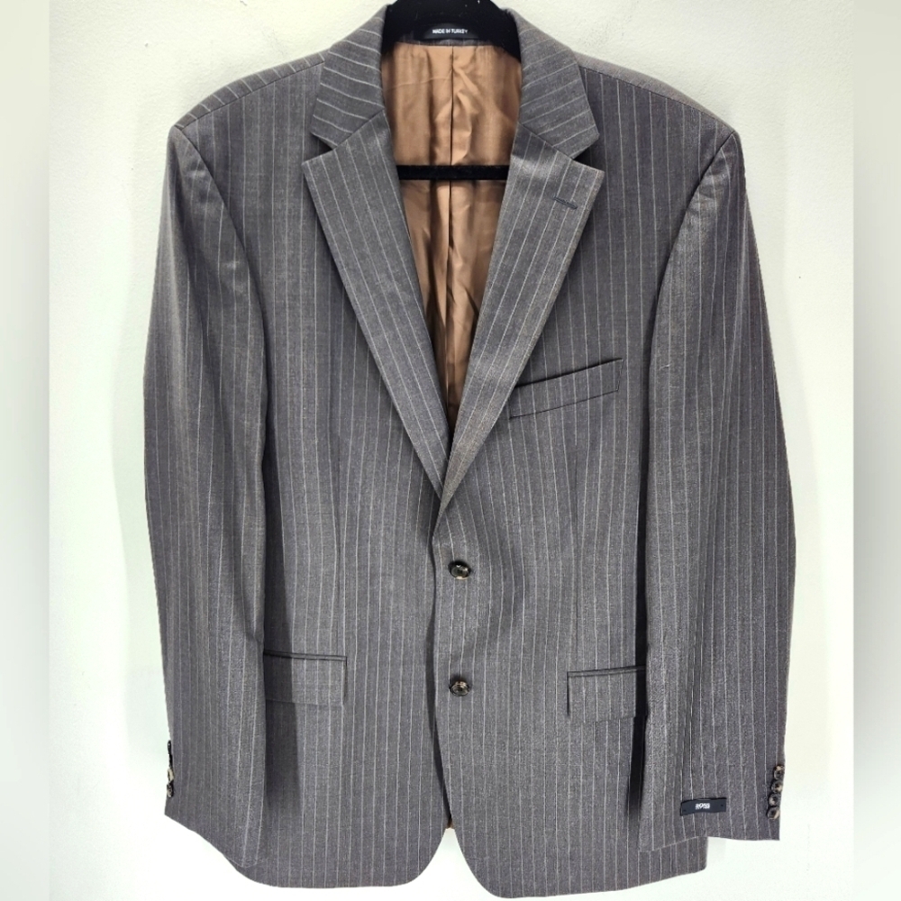 Boss Hugo Boss 100% Virgin Wool Blazer Mens 44L Brown Gray Pinstripe 2 Button